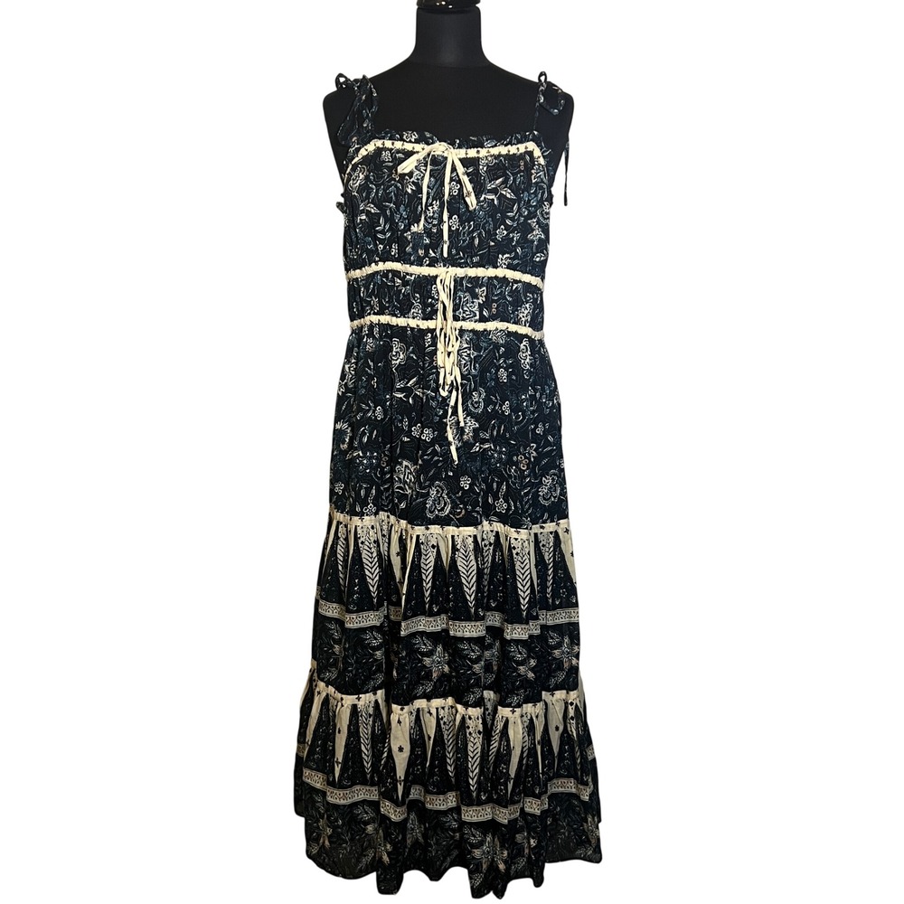 Christian Lacroix Tiered Floral Midi Dress in Cream and Navy, Womens Size Medium - Picture 2 of 15
